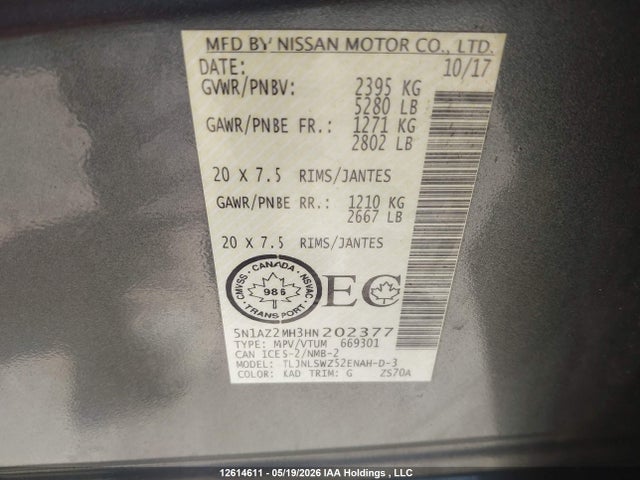 Продаж на аукціоні авто 2017 Nissan Murano Platinum/sl/sv, vin: 5N1AZ2MH3HN202377, номер лоту: 12614611