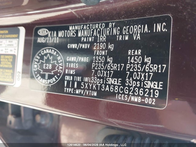 2012 Kia Sorento Lx მანქანა იყიდება აუქციონზე, vin: 5XYKT3A68CG236219, აუქციონის ნომერი: 12614620