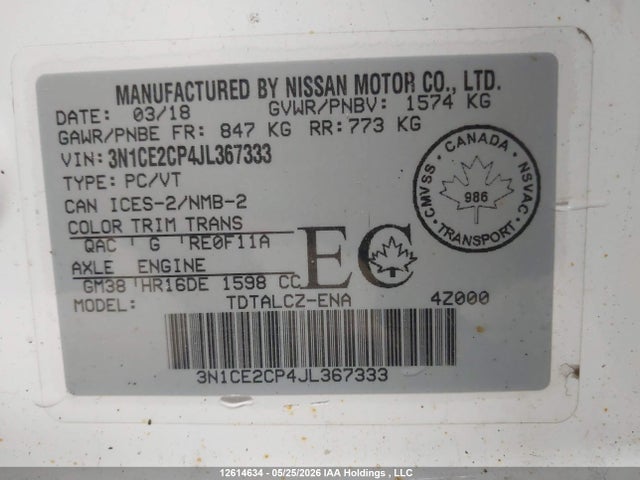 Продаж на аукціоні авто 2018 Nissan Versa, vin: 3N1CE2CP4JL367333, номер лоту: 12614634