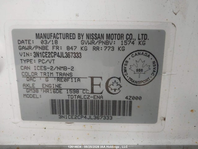 Продаж на аукціоні авто 2018 Nissan Versa, vin: 3N1CE2CP4JL367333, номер лоту: 12614634