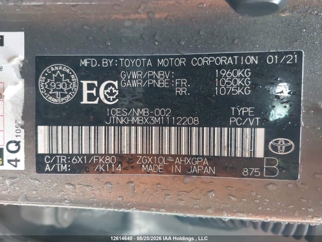 12614640 :رقم المزاد ، JTNKHMBX3M1112208 vin ، 2021 Toyota C-hr مزاد بيع
