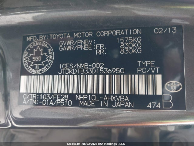 2013 Toyota Prius C მანქანა იყიდება აუქციონზე, vin: JTDKDTB33D1536950, აუქციონის ნომერი: 12614649