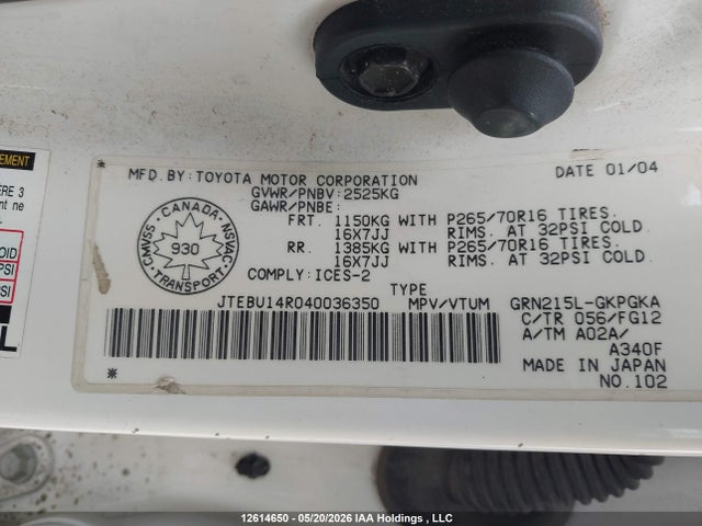 12614650 :رقم المزاد ، JTEBU14R040036350 vin ، 2004 Toyota 4runner Sr5 V6 مزاد بيع