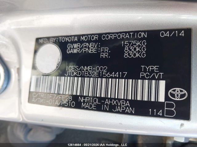 2014 Toyota Prius C მანქანა იყიდება აუქციონზე, vin: JTDKDTB32E1564417, აუქციონის ნომერი: 12614664