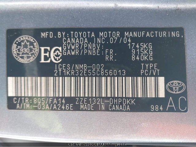 2005 Toyota Matrix Xr მანქანა იყიდება აუქციონზე, vin: 2T1KR32E55C856013, აუქციონის ნომერი: 12614672