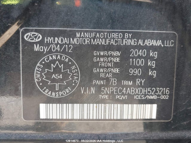 2013 Hyundai Sonata მანქანა იყიდება აუქციონზე, vin: 5NPEC4ABXDH523216, აუქციონის ნომერი: 12614673