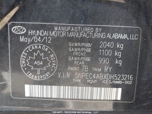2013 Hyundai Sonata მანქანა იყიდება აუქციონზე, vin: 5NPEC4ABXDH523216, აუქციონის ნომერი: 12614673