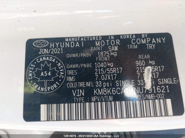 Aukcja sprzedaży 2022 Hyundai Kona Sel, vin: KM8K6CAB0NU791621, numer aukcji: 12614676