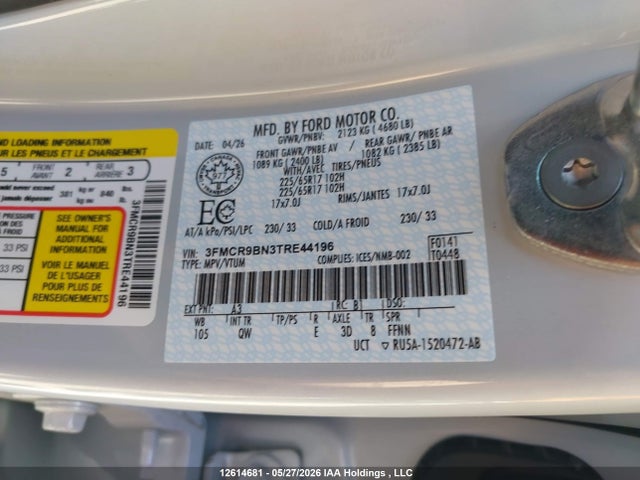 Продажа на аукционе авто 2026 Ford Bronco Sport Big Bend, vin: 3FMCR9BN3TRE44196, номер лота: 12614681