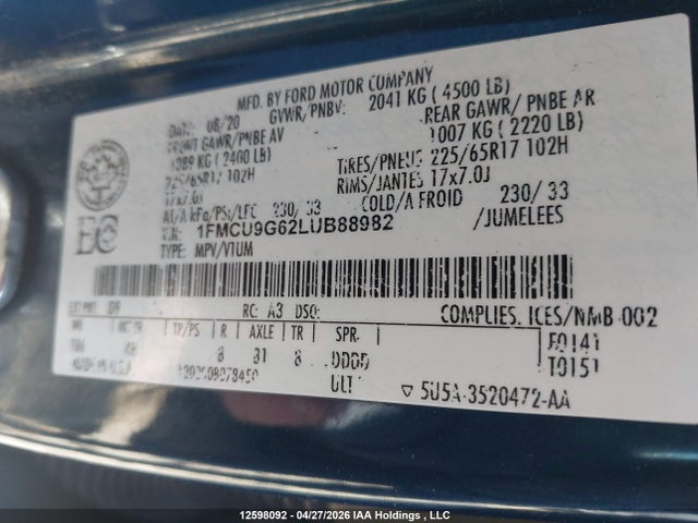 1FMCU9G62LUB88982 Ford ESCAPE SE