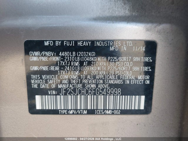 Продажа на аукционе авто 2015 Subaru Forester 2.5i Touring Package, vin: JF2SJCHC6FG549998, номер лота: 12598882