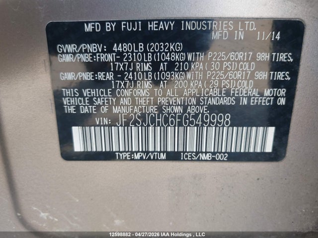 Продажа на аукционе авто 2015 Subaru Forester 2.5i Touring Package, vin: JF2SJCHC6FG549998, номер лота: 12598882