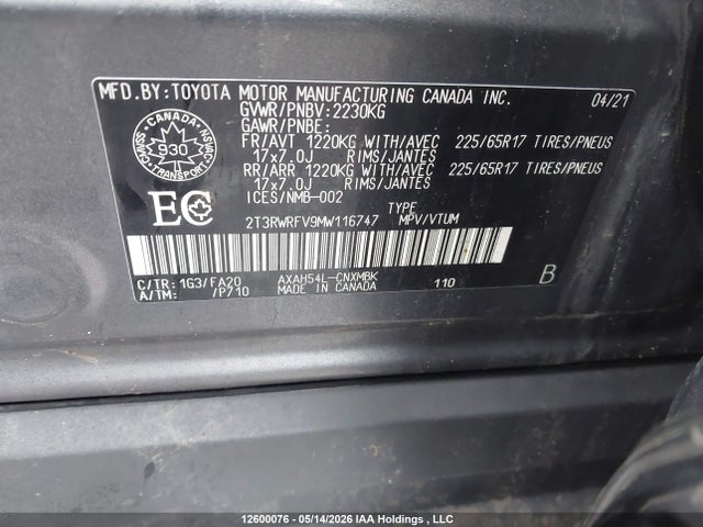 2T3RWRFV9MW116747 Toyota Rav4 Hybrid Xle