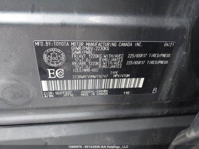 2T3RWRFV9MW116747 Toyota Rav4 Hybrid Xle