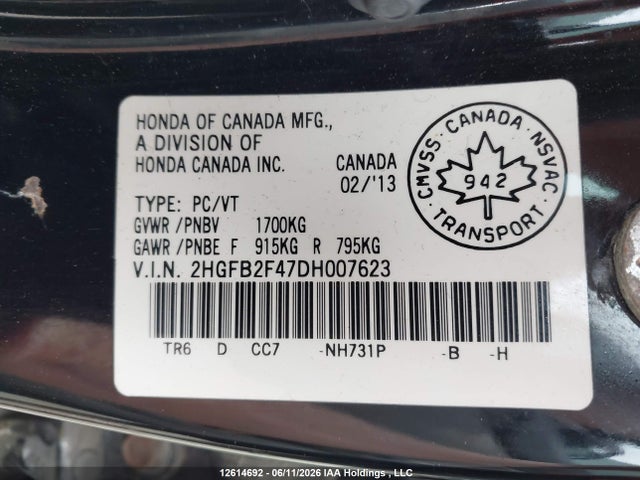 Продаж на аукціоні авто 2013 Honda Civic, vin: 2HGFB2F47DH007623, номер лоту: 12614692