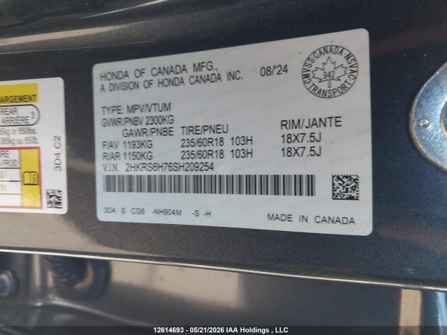 Aukcja sprzedaży 2025 Honda Cr-v Ex-l Hybrid, vin: 2HKRS6H76SH209254, numer aukcji: 12614693