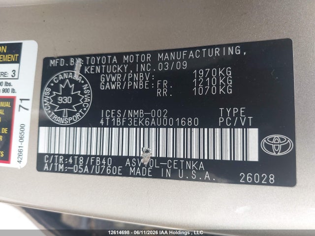 Aukcja sprzedaży 2010 Toyota Camry Le, vin: 4T1BF3EK6AU001680, numer aukcji: 12614698