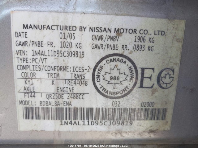 Aukcja sprzedaży 2005 Nissan Altima S/sl, vin: 1N4AL11D95C309819, numer aukcji: 12614704