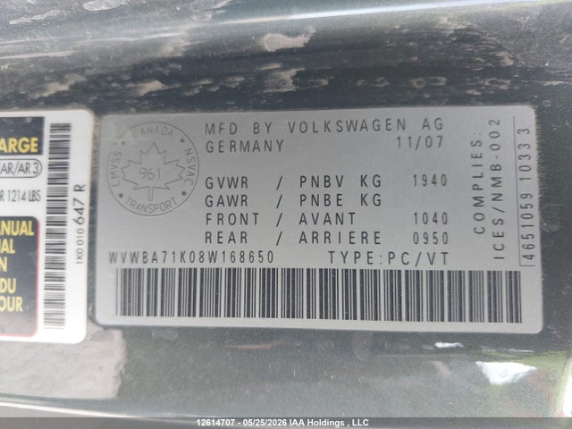 Aukcja sprzedaży 2008 Volkswagen Rabbit, vin: WVWBA71K08W168650, numer aukcji: 12614707