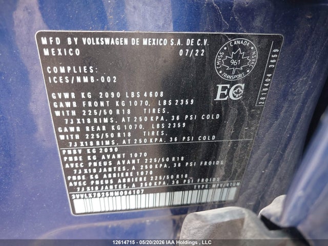 Продаж на аукціоні авто 2022 Volkswagen Taos Comfortline, vin: 3VVLX7B25NM094107, номер лоту: 12614715