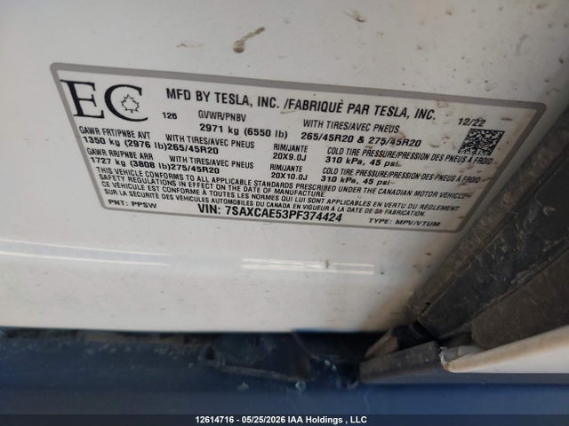 Aukcja sprzedaży 2023 Tesla Model X Awd/standard Range, vin: 7SAXCAE53PF374424, numer aukcji: 12614716