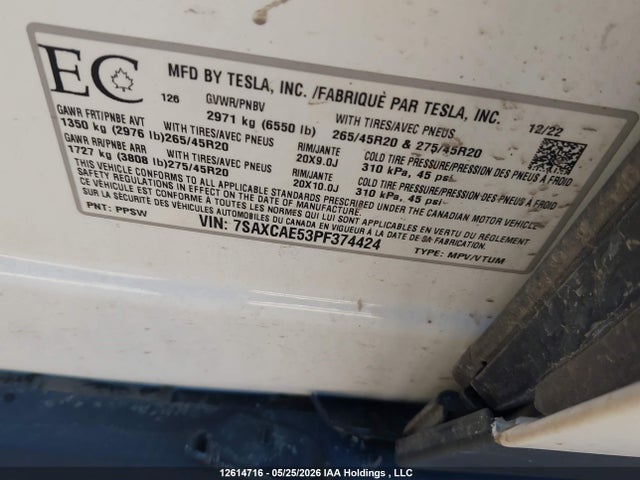 Aukcja sprzedaży 2023 Tesla Model X Awd/standard Range, vin: 7SAXCAE53PF374424, numer aukcji: 12614716