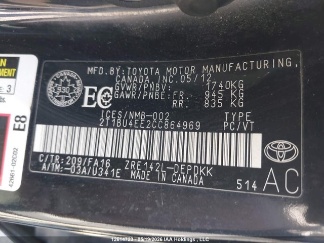 2012 Toyota Corolla S/le მანქანა იყიდება აუქციონზე, vin: 2T1BU4EE2CC864969, აუქციონის ნომერი: 12614723