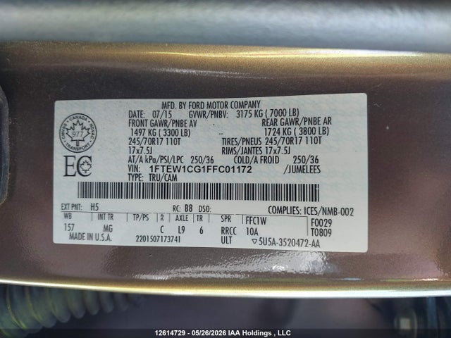 Продаж на аукціоні авто 2015 Ford F150 Supercrew, vin: 1FTEW1CG1FFC01172, номер лоту: 12614729