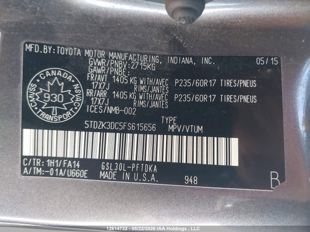 Toyota Sienna 7 Passenger 2015 5TDZK3DC5FS615656 Image 9