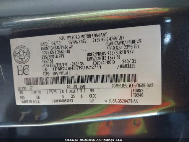 1FMCU9HD7KUB72711 Ford ESCAPE SEL