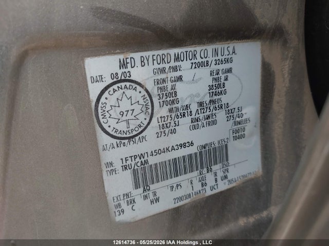 Aukcja sprzedaży 2004 Ford F-150 Fx4/lariat/xlt, vin: 1FTPW14504KA39836, numer aukcji: 12614736
