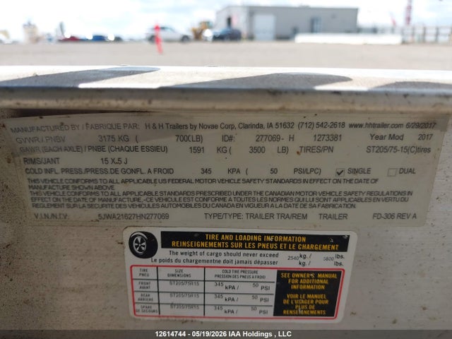 12614744 :رقم المزاد ، 5JWA21627HN277069 vin ، 2017 H&h Speed Loader مزاد بيع