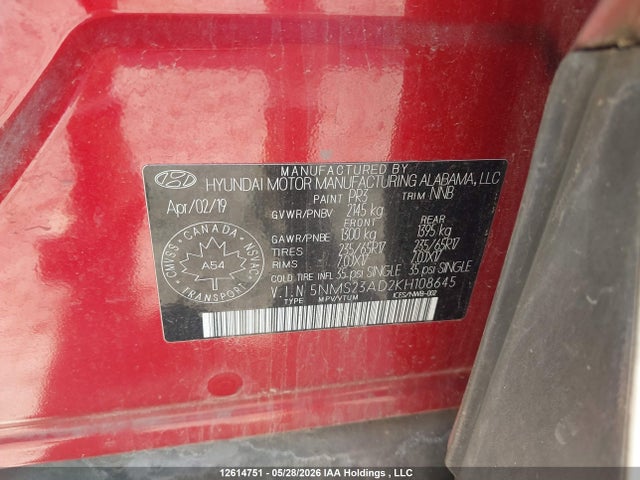 2019 Hyundai Santa Fe Essential მანქანა იყიდება აუქციონზე, vin: 5NMS23AD2KH108645, აუქციონის ნომერი: 12614751