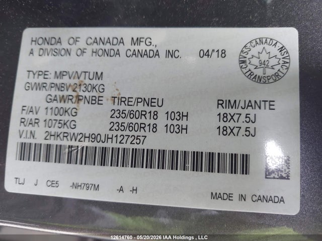 2HKRW2H90JH127257 Honda Cr-v Touring