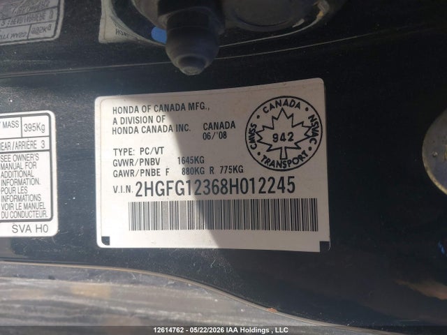 12614762 :رقم المزاد ، 2HGFG12368H012245 vin ، 2008 Honda Civic Dx-g مزاد بيع