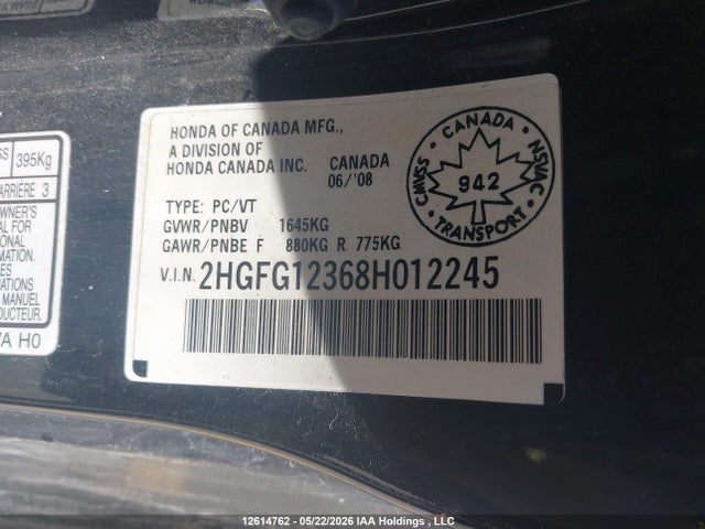 12614762 :رقم المزاد ، 2HGFG12368H012245 vin ، 2008 Honda Civic Dx-g مزاد بيع
