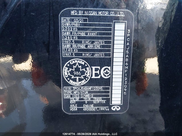 Aukcja sprzedaży 2021 Infiniti Qx50 Pure, vin: 3PCAJ5AB6MF123095, numer aukcji: 12614774
