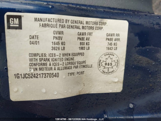 Продаж на аукціоні авто 2001 Chevrolet Cavalier Vl/vlx, vin: 1G1JC524217370540, номер лоту: 12614780
