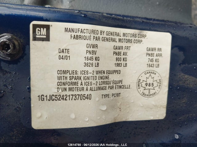 Продаж на аукціоні авто 2001 Chevrolet Cavalier Vl/vlx, vin: 1G1JC524217370540, номер лоту: 12614780