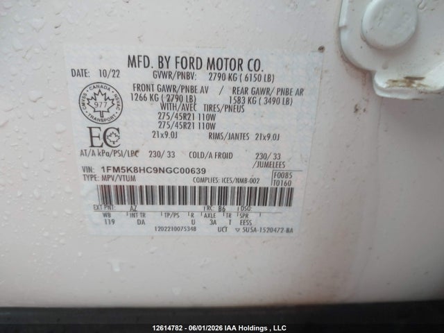 12614782 :رقم المزاد ، 1FM5K8HC9NGC00639 vin ، 2022 Ford Explorer Platinum مزاد بيع