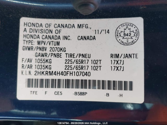 Aukcja sprzedaży 2015 Honda Cr-v Se, vin: 2HKRM4H40FH107040, numer aukcji: 12614784