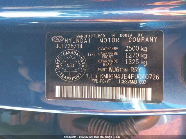 2015 Hyundai Genesis 3.8l მანქანა იყიდება აუქციონზე, vin: KMHGN4JE4FU040726, აუქციონის ნომერი: 12614791