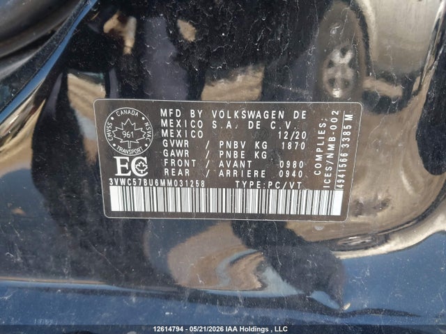 Aukcja sprzedaży 2021 Volkswagen Jetta, vin: 3VWC57BU6MM031258, numer aukcji: 12614794