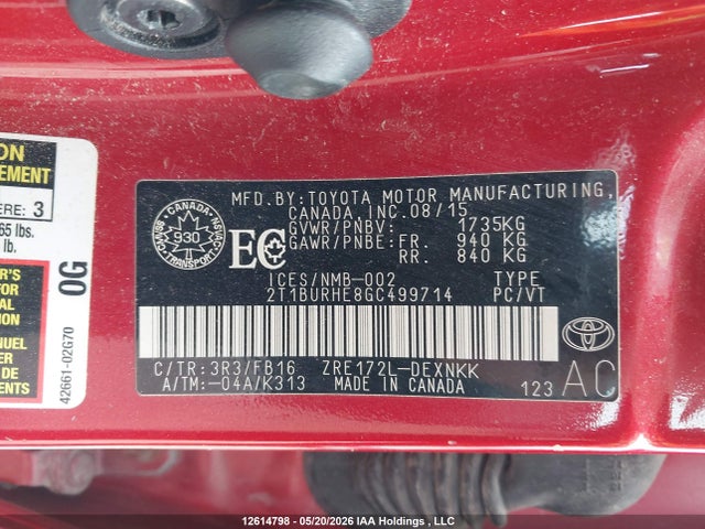 12614798 :رقم المزاد ، 2T1BURHE8GC499714 vin ، 2016 Toyota Corolla L/le/le Pls/prm/s/s Pls مزاد بيع