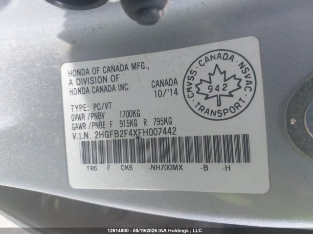 Aukcja sprzedaży 2015 Honda Civic Lx, vin: 2HGFB2F4XFH007442, numer aukcji: 12614800