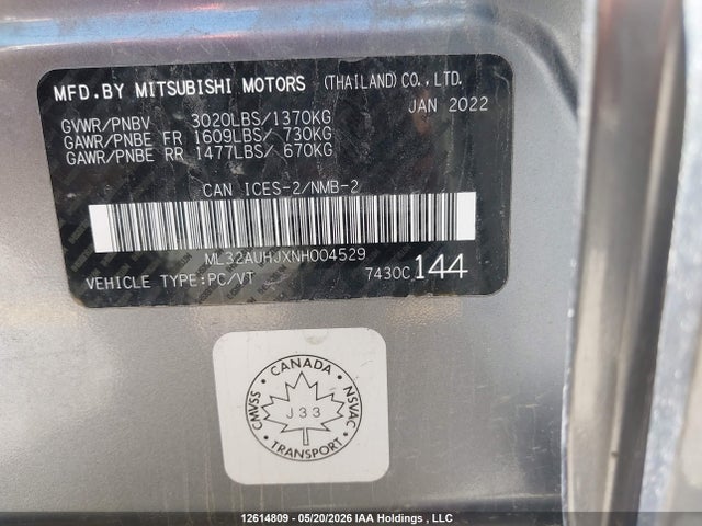 Aukcja sprzedaży 2022 Mitsubishi Mirage Es/le, vin: ML32AUHJXNH004529, numer aukcji: 12614809