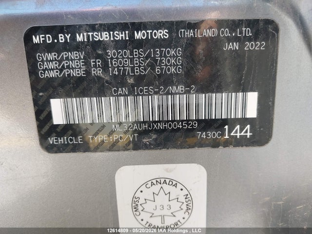 Aukcja sprzedaży 2022 Mitsubishi Mirage Es/le, vin: ML32AUHJXNH004529, numer aukcji: 12614809