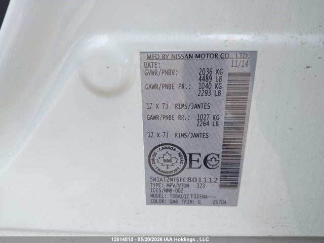 Продажа на аукционе авто 2015 Nissan Rogue S/sl/sv, vin: 5N1AT2MT6FC801112, номер лота: 12614810