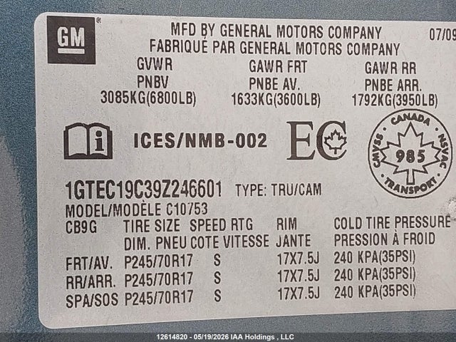 Aukcja sprzedaży 2009 Gmc Sierra 1500 Sl/sle/wt, vin: 1GTEC19C39Z246601, numer aukcji: 12614820