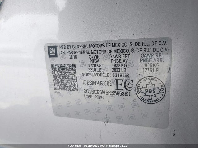 Продаж на аукціоні авто 2019 Chevrolet Cruze Lt, vin: 3G1BE6SM5KS565863, номер лоту: 12614831